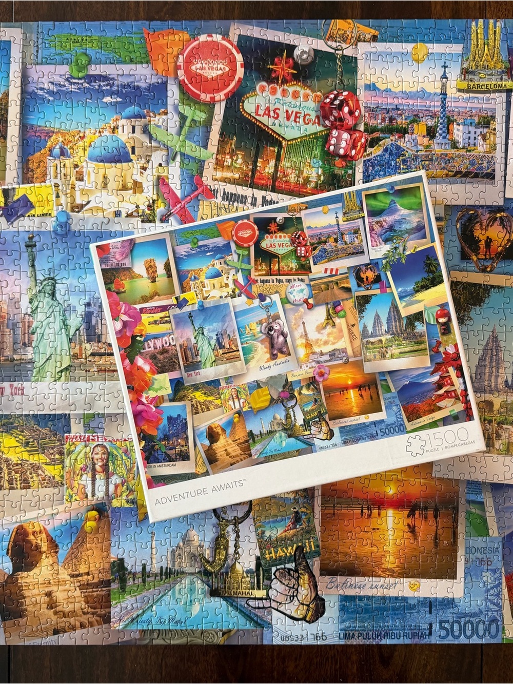 🧩 1500 piece Buffalo “Adventure Awaits” featuring Travel Landmarks. Complete.